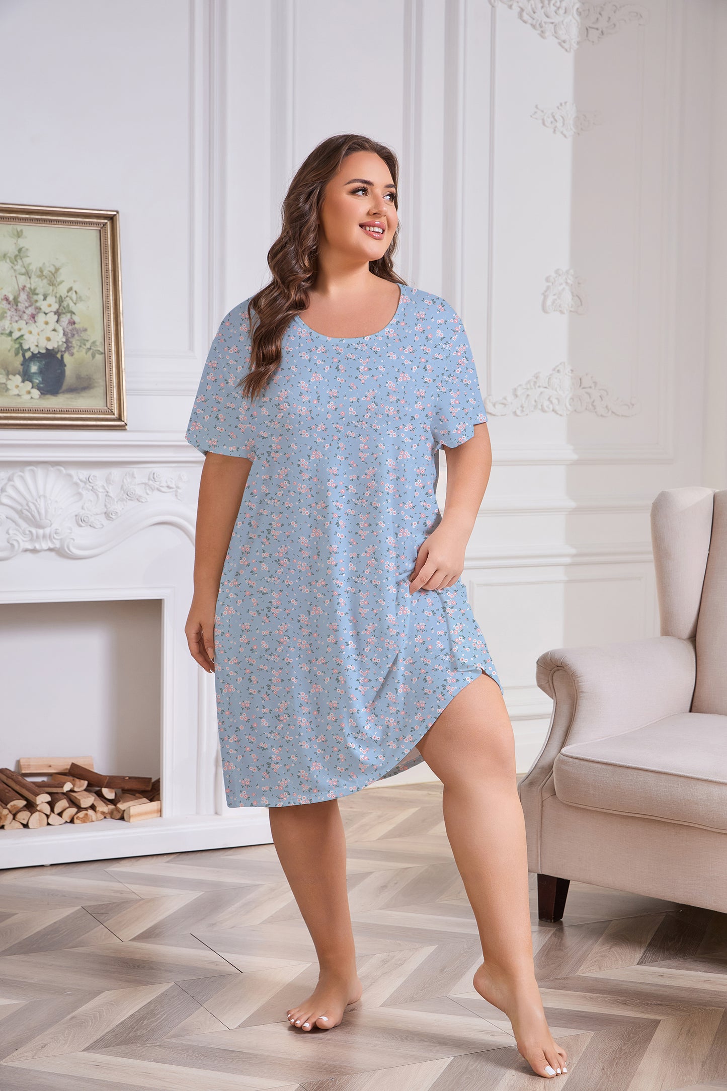 Plus Size Nightgowns for Women Floral Print Short Sleeve Nightshirts Knee Length Sleepshirt Sleepwear with Pockets