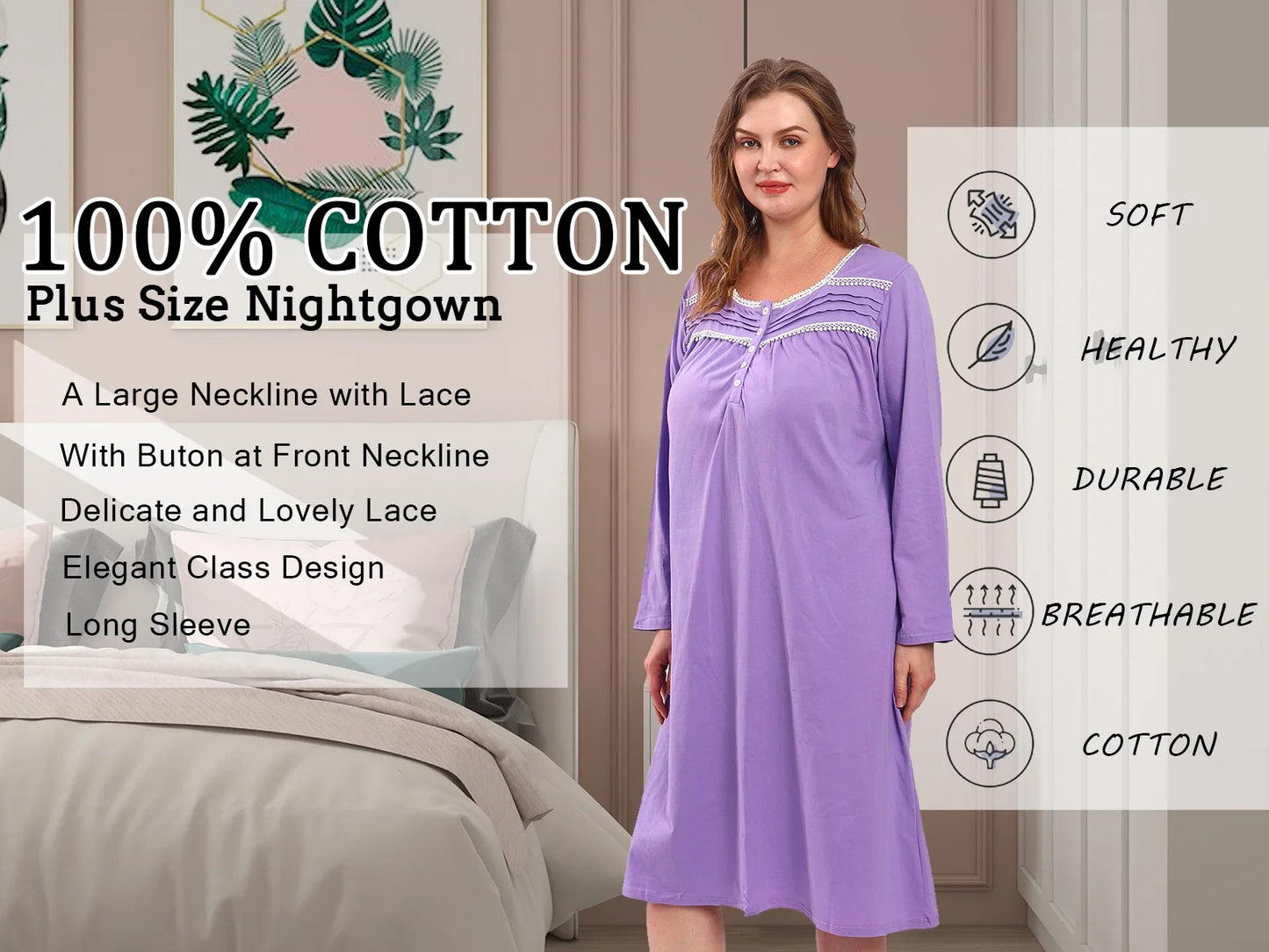 100% Cotton Nightgowns for Women Plus Size Nightgowns