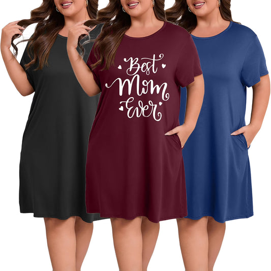 Nightgowns for Women Plus Size Print Pajama Dress Short Sleeves Sleepwear with Pockets 3 Pack