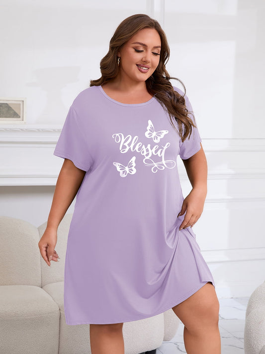 FEREMO Plus Size Nightgowns for Women Short Sleeve Sleepshirt Knee Length Sleepwear with Pockets