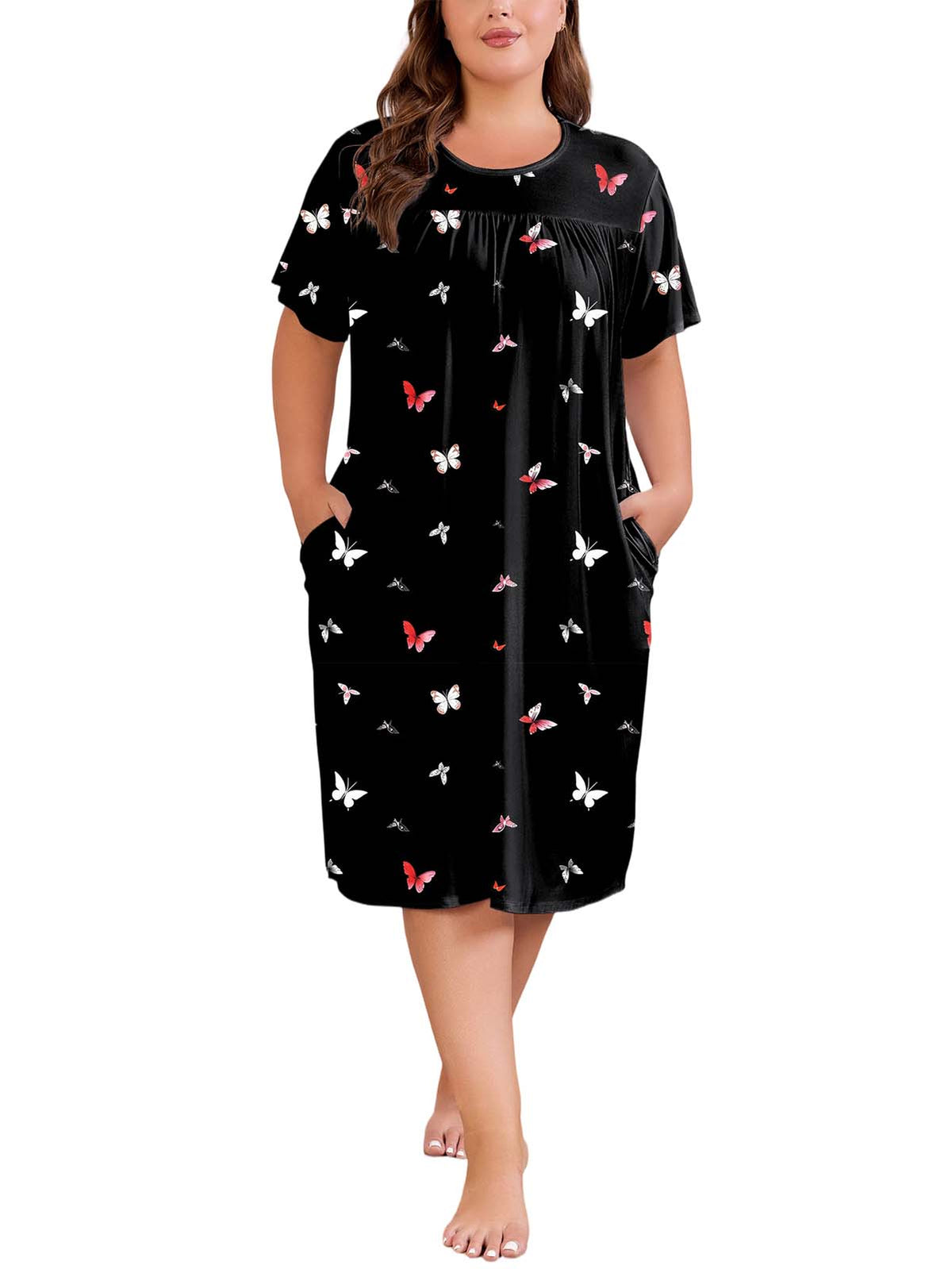 Nightgowns for Women Plus Size Floral Print Short Sleeve Pleated Sleepwear