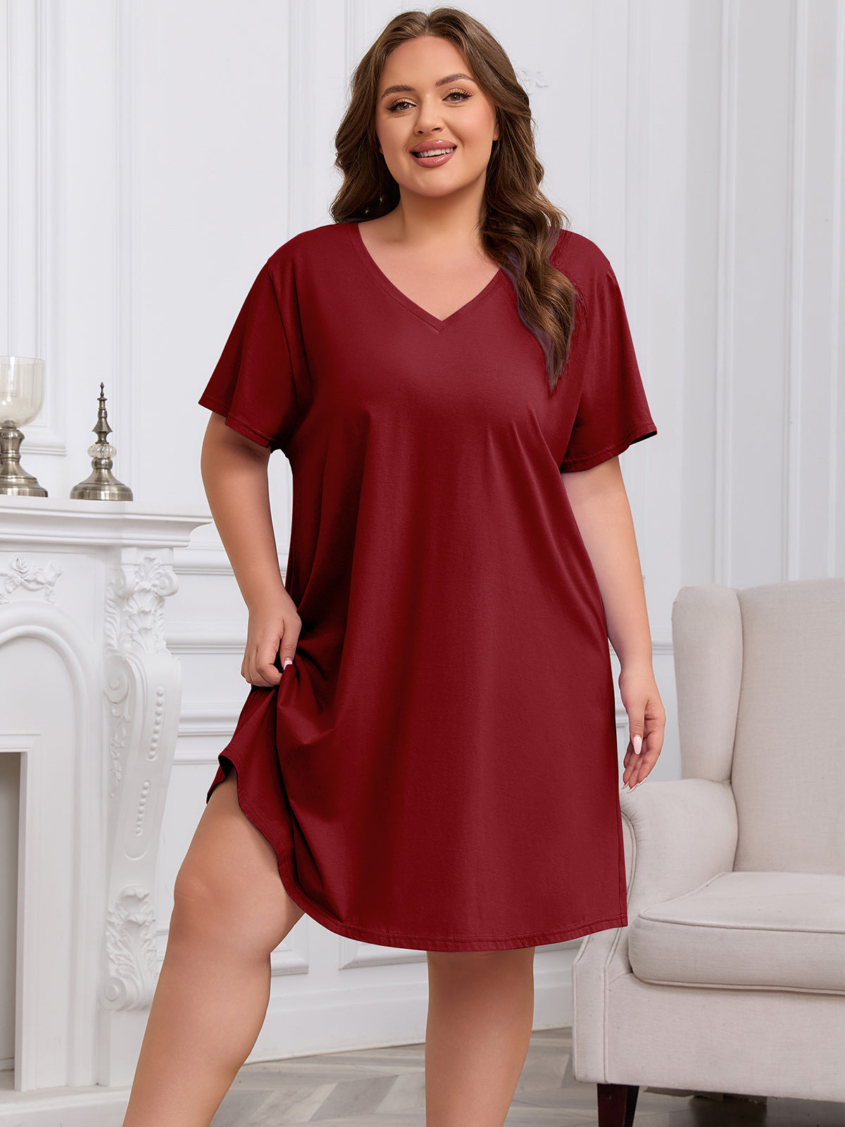 FEREMO Womens Plus Size 100% Cotton Short Sleeve V Neck Nightgown Ladies Sleepwear