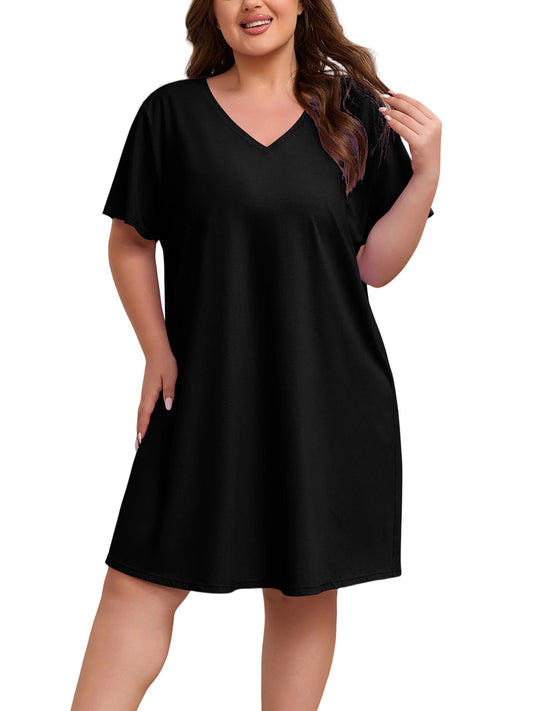 FEREMO Womens Plus Size 100% Cotton Short Sleeve V Neck Nightgown Ladies Sleepwear