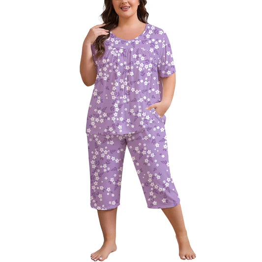 FEREMO Women Plus Size Pajamas Set Short Sleeve Pjs Capri Pants Pajama Sets Nightwear with Pockets