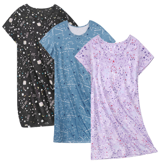 PinkBeautiM Cotton Nightgowns for Women Soft Nightshirts Printed Round Neck Sleep Dress 3 Pack