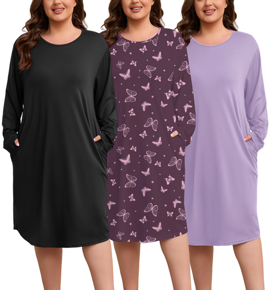 FEREMO Women Plus Size Nightgowns Long Sleeve Crew Neck Sleep Shirts with Pockets, 3 Pack