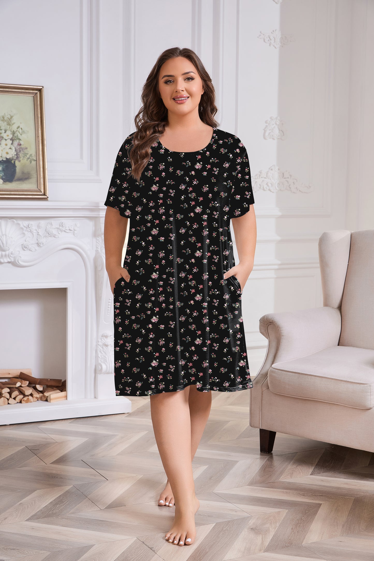 Plus Size Nightgowns for Women Floral Print Short Sleeve Nightshirts Knee Length Sleepshirt Sleepwear with Pockets
