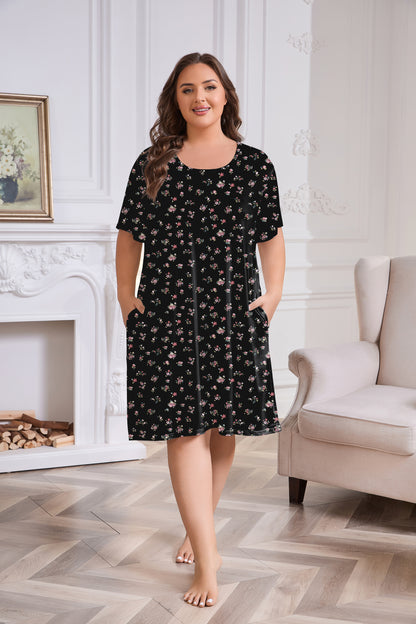 Plus Size Nightgowns for Women Floral Print Short Sleeve Nightshirts Knee Length Sleepshirt Sleepwear with Pockets