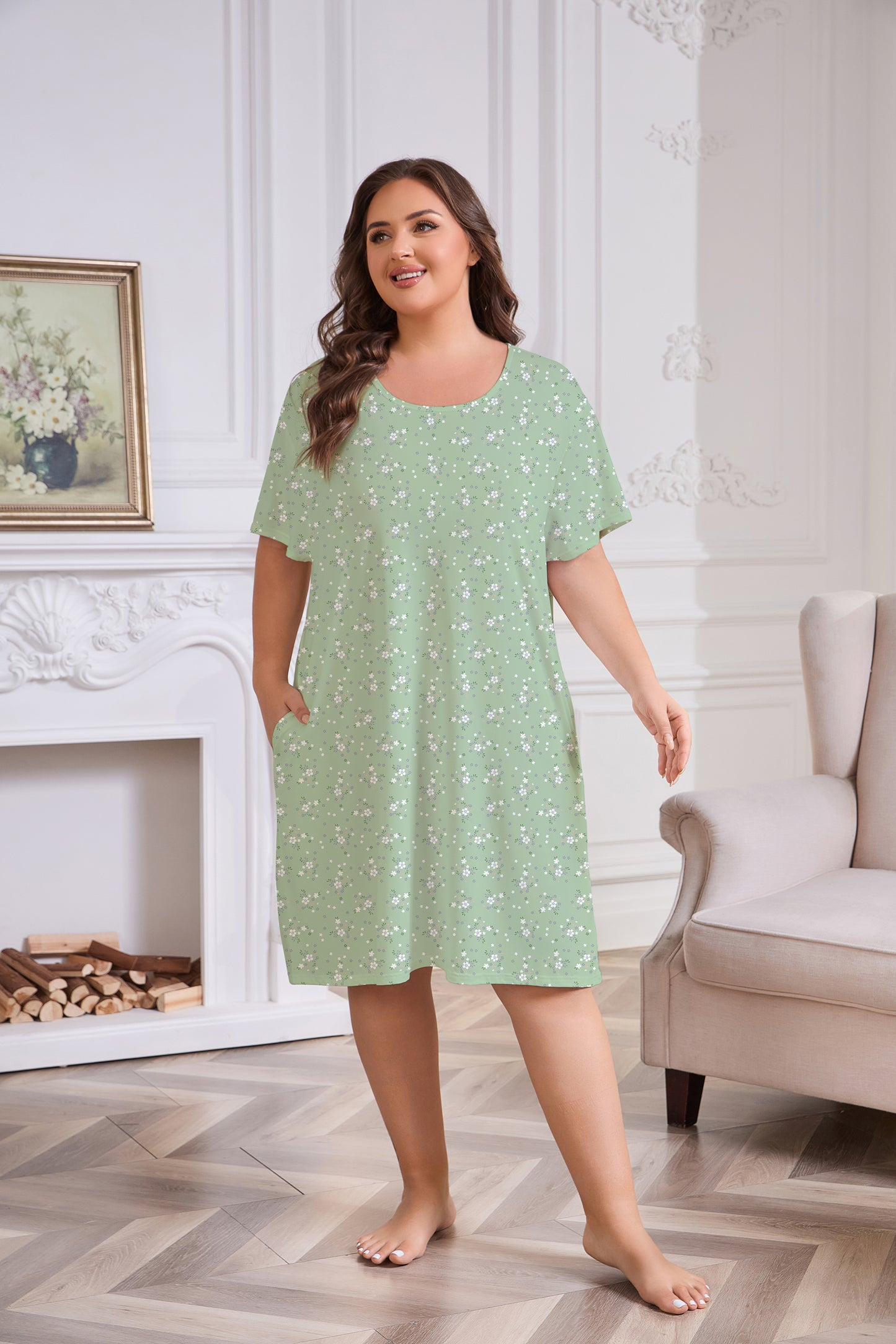 Plus Size Nightgowns for Women Floral Print Short Sleeve Nightshirts Knee Length Sleepshirt Sleepwear with Pockets
