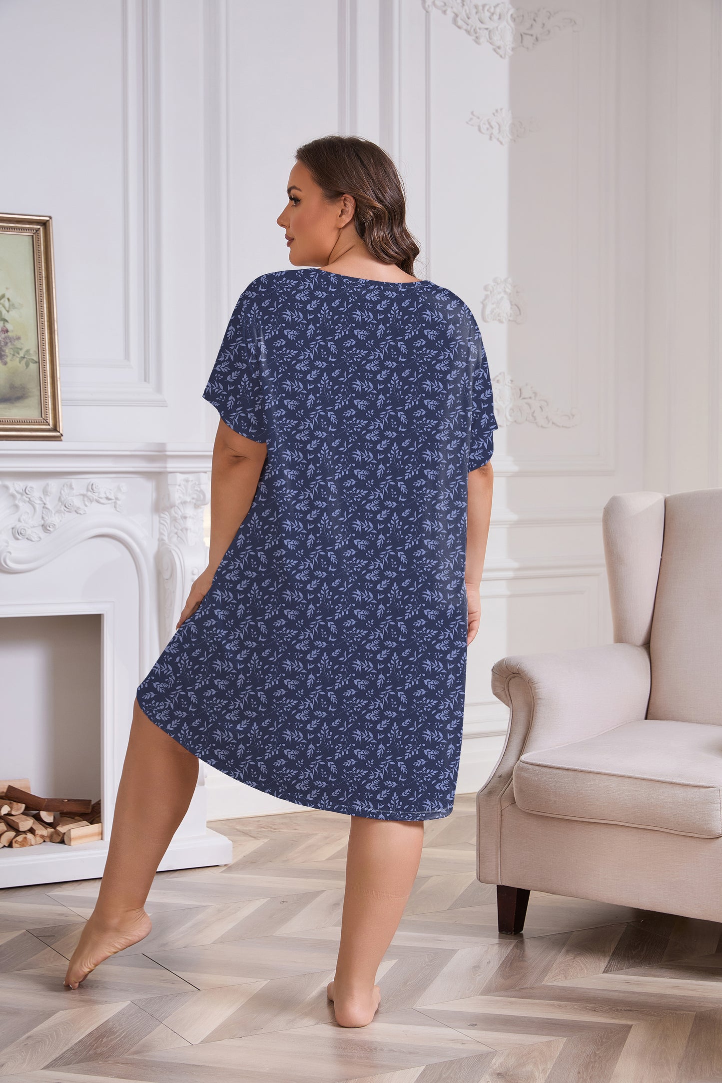 Plus Size Nightgowns for Women Floral Print Short Sleeve Nightshirts Knee Length Sleepshirt Sleepwear with Pockets