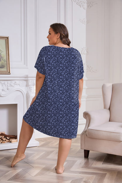 Plus Size Nightgowns for Women Floral Print Short Sleeve Nightshirts Knee Length Sleepshirt Sleepwear with Pockets