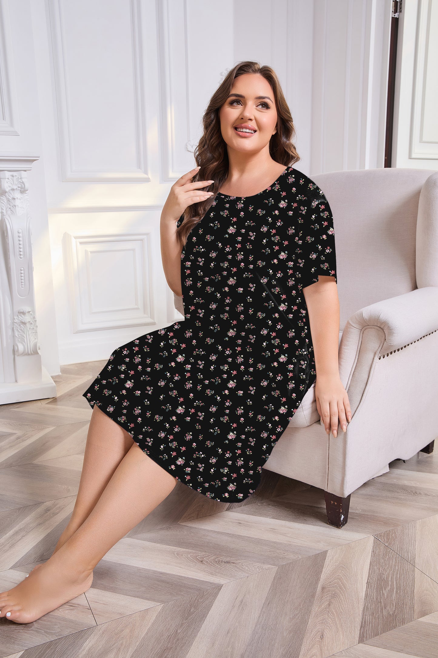 Plus Size Nightgowns for Women Floral Print Short Sleeve Nightshirts Knee Length Sleepshirt Sleepwear with Pockets