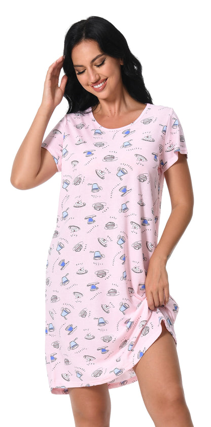 Cotton Nightgowns for Women Soft Nightshirts Printed Round Neck Sleep Dress 3 Pack