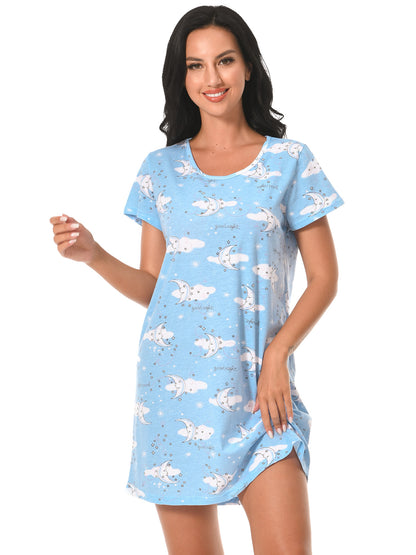 Cotton Nightgowns for Women Soft Nightshirts Printed Round Neck Sleep Dress 3 Pack