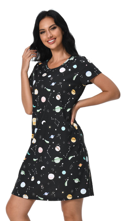 Cotton Nightgowns for Women Soft Nightshirts Printed Round Neck Sleep Dress 3 Pack