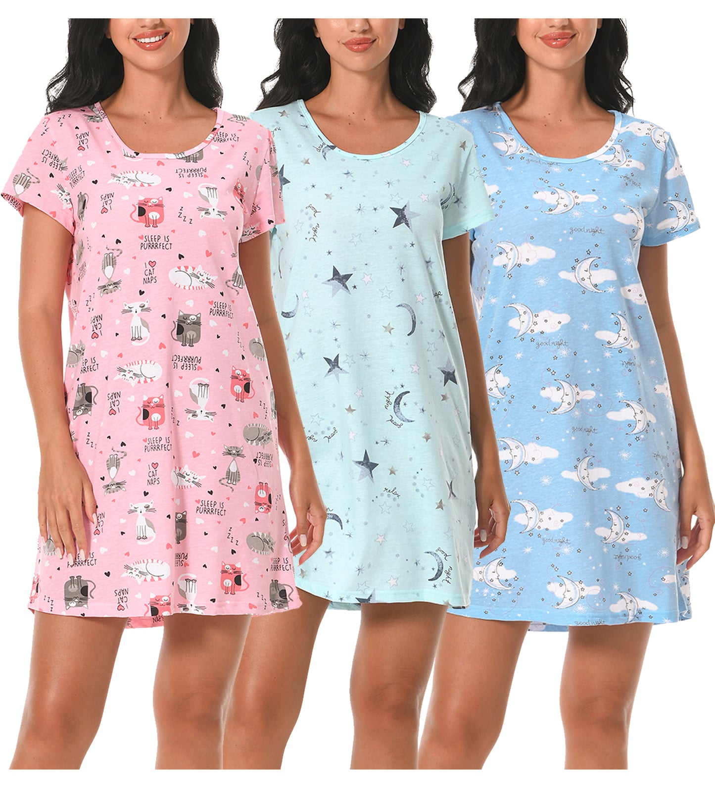 Cotton Nightgowns for Women Soft Nightshirts Printed Round Neck Sleep Dress 3 Pack