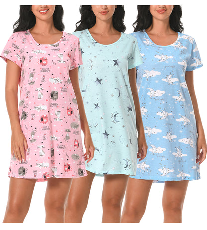Cotton Nightgowns for Women Soft Nightshirts Printed Round Neck Sleep Dress 3 Pack