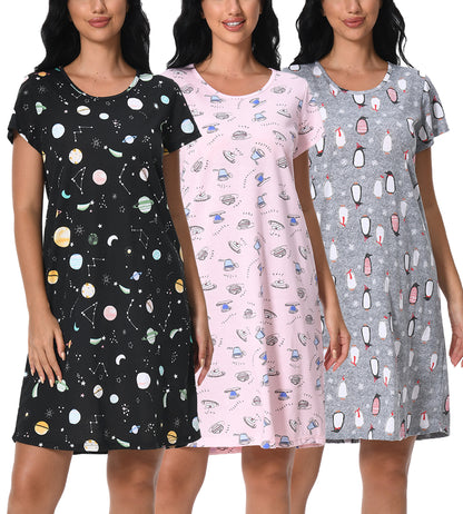 Cotton Nightgowns for Women Soft Nightshirts Printed Round Neck Sleep Dress 3 Pack