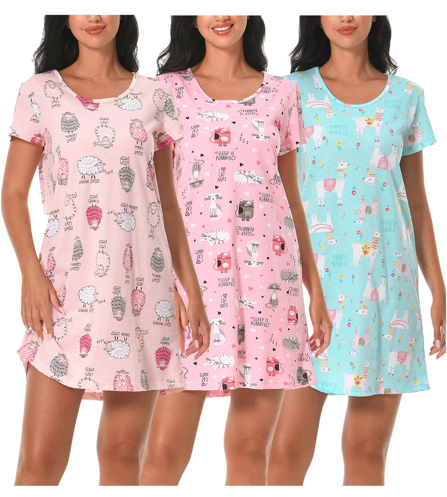 Cotton Nightgowns for Women Soft Nightshirts Printed Round Neck Sleep Dress 3 Pack