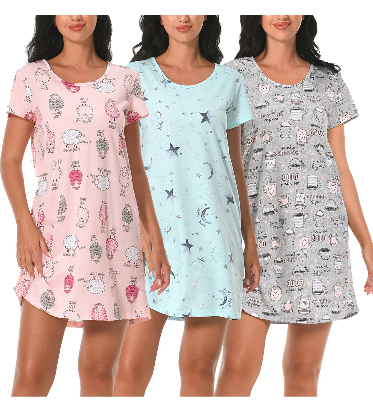 Cotton Nightgowns for Women Soft Nightshirts Printed Round Neck Sleep Dress 3 Pack