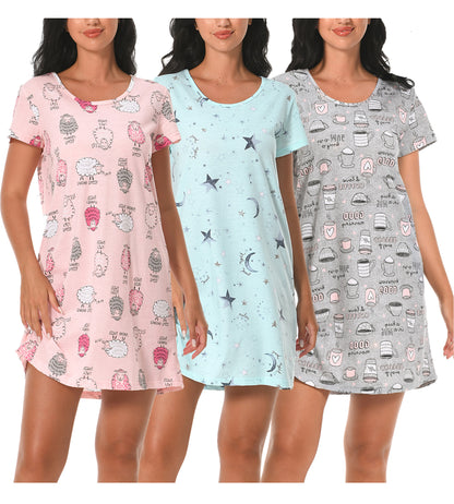 Cotton Nightgowns for Women Soft Nightshirts Printed Round Neck Sleep Dress 3 Pack
