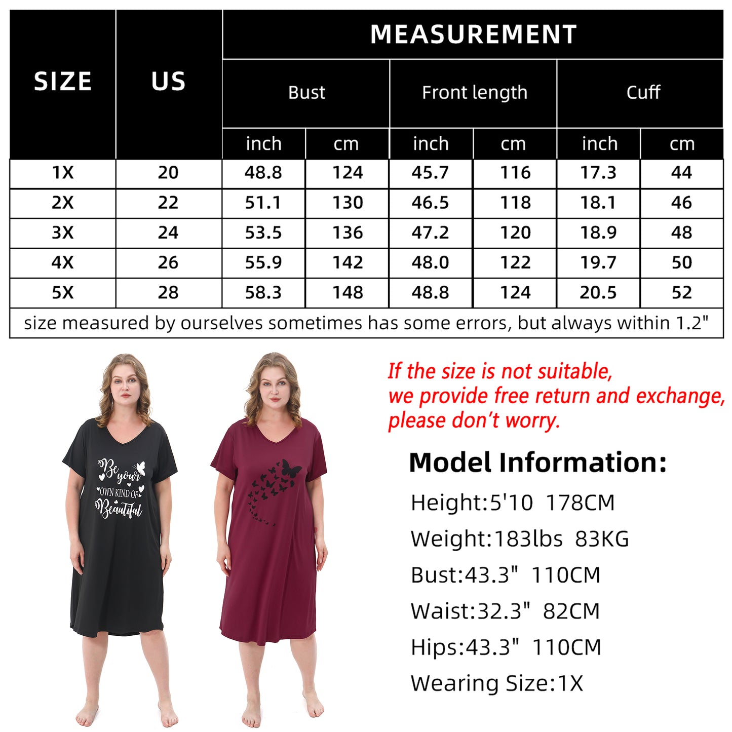 Plus Size Nightgowns for Women Short Sleeve Printed Sleepwear Long Comfy Sleep Gown 2 Pack