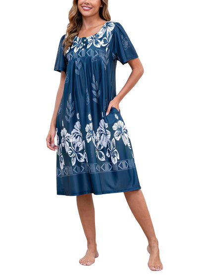 Nightgown for Women Button Short Sleeve House Dresses with Pockets