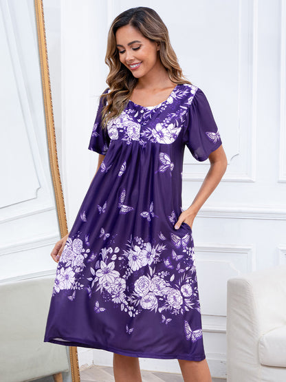 Nightgown for Women Button Short Sleeve House Dresses with Pockets