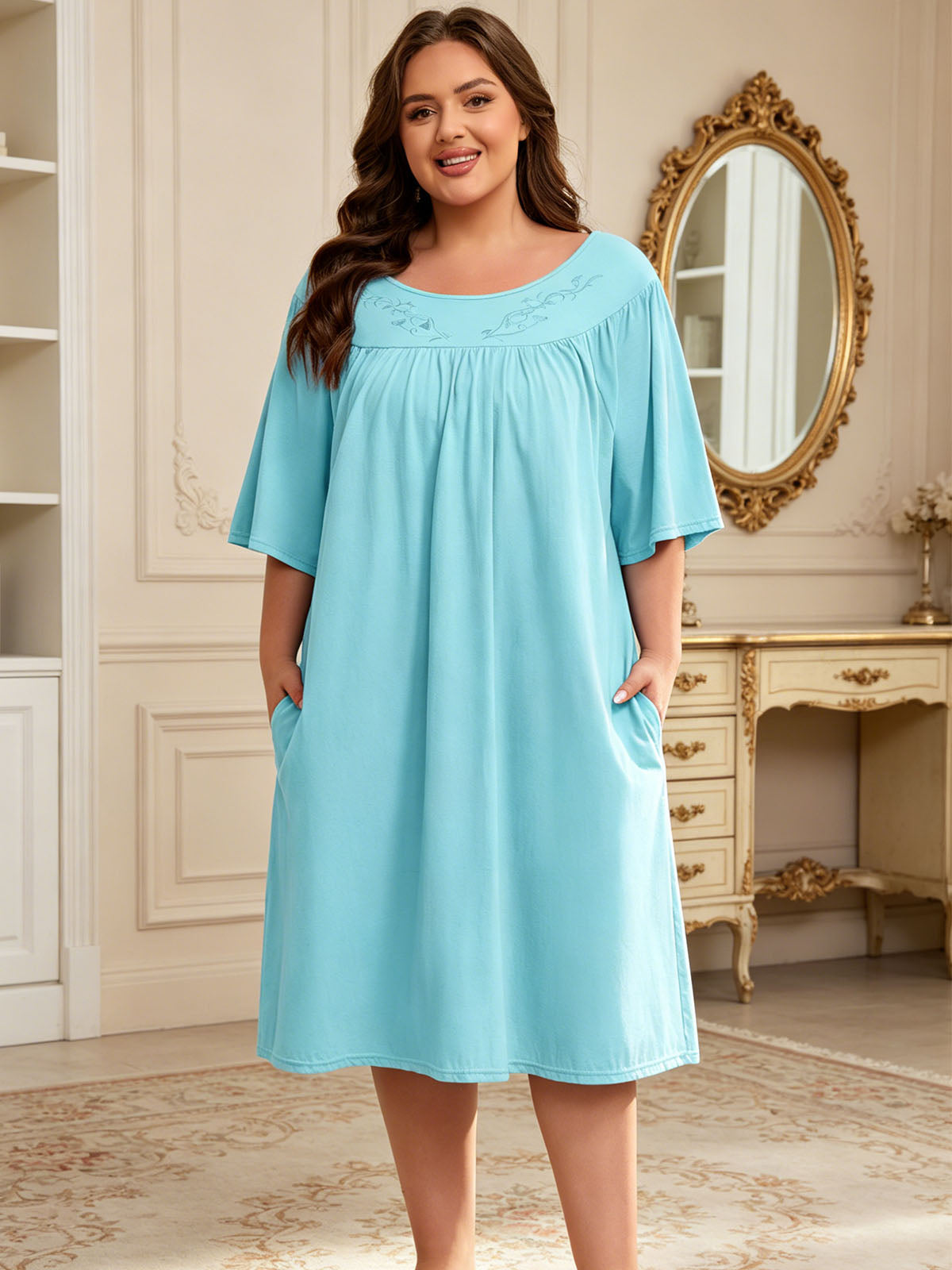 100% Cotton Nightgowns for Plus Size Women Pleated Soft Sleepwear with Pockets