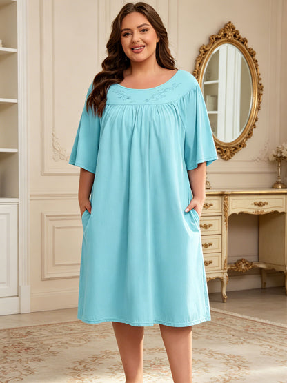 100% Cotton Nightgowns for Plus Size Women Pleated Soft Sleepwear with Pockets