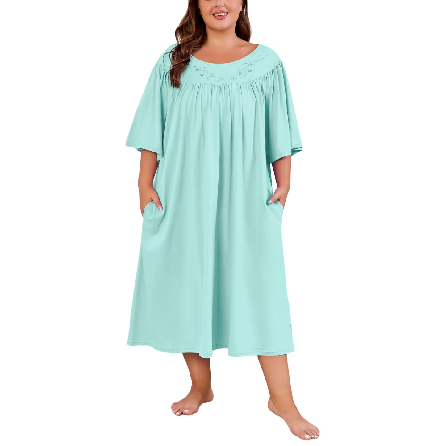100% Cotton Nightgowns for Plus Size Women Pleated Soft Sleepwear with Pockets