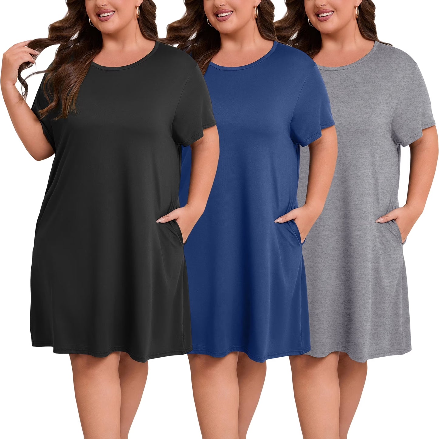 Nightgowns for Women Plus Size Print Pajama Dress Short Sleeves Sleepwear with Pockets 3 Pack