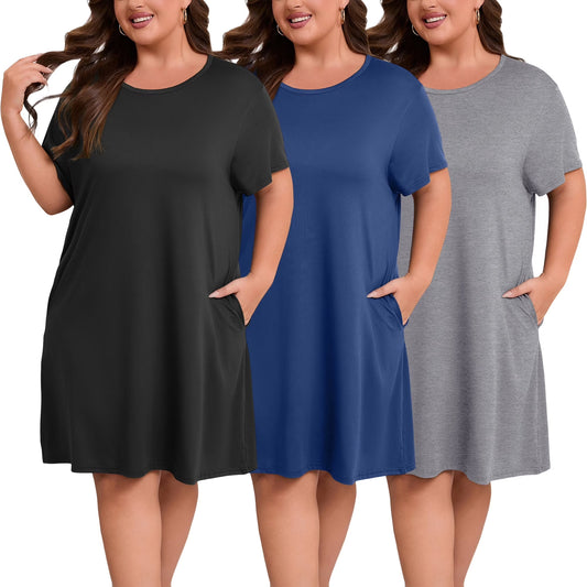 FEREMO Nightgowns for Women Plus Size Print Pajama Dress Short Sleeves Sleepwear with Pockets 3 Pack