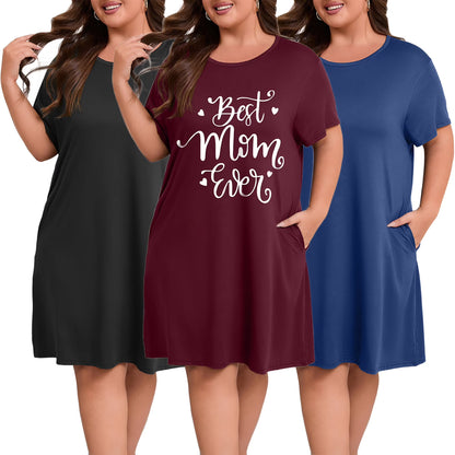 Nightgowns for Women Plus Size Print Pajama Dress Short Sleeves Sleepwear with Pockets 3 Pack