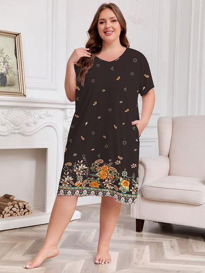 Nightgowns for Women Plus Size Print V Neck House Dress with Pockets