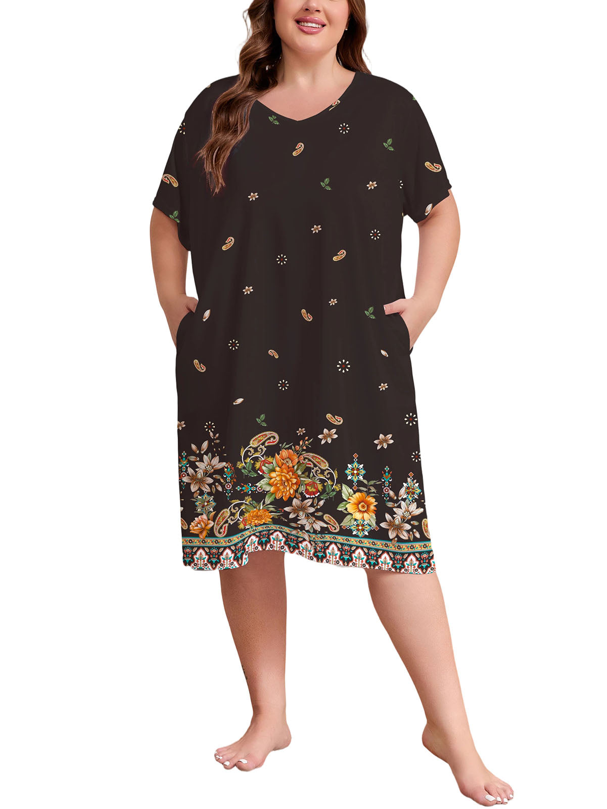 Nightgowns for Women Plus Size Print V Neck House Dress with Pockets