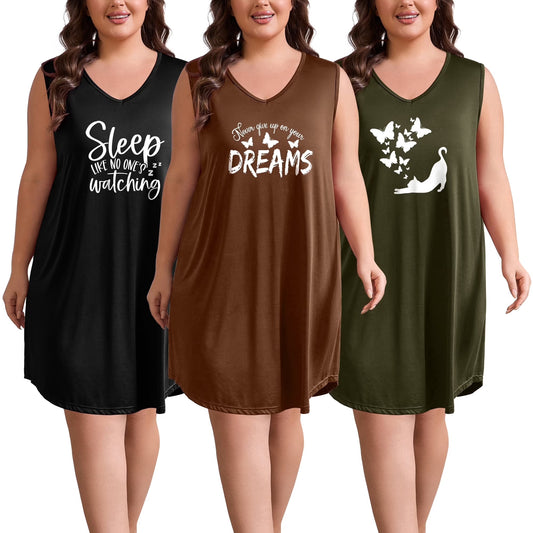 3 Pack Nightgowns for Women Plus Size Sleeveless Print Nightshirts Crew Neck Sleepshirt Soft Sleepwear 1X-5X