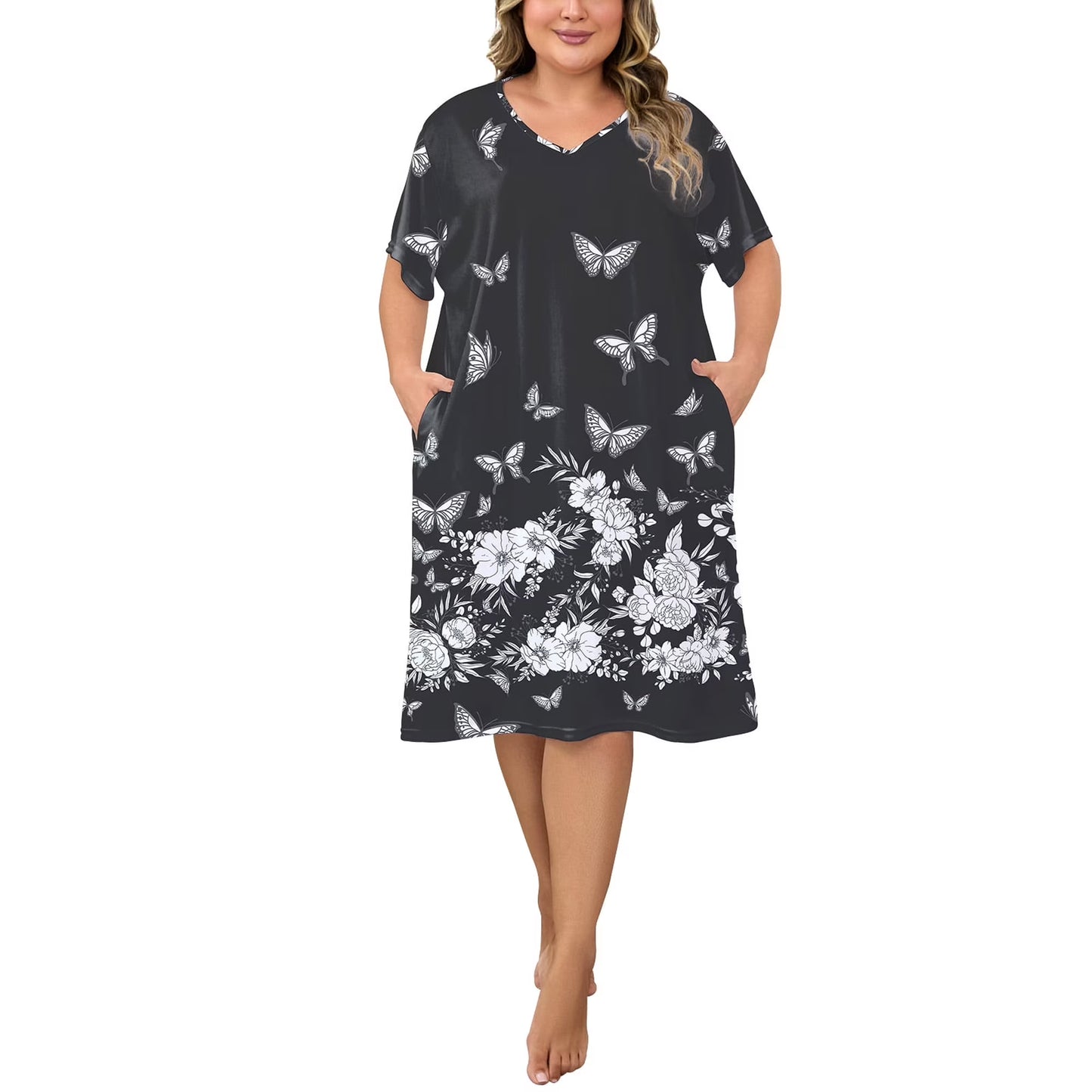 PinkBeautiM Nightgowns for Women Plus Size Print V Neck House Dress with Pockets