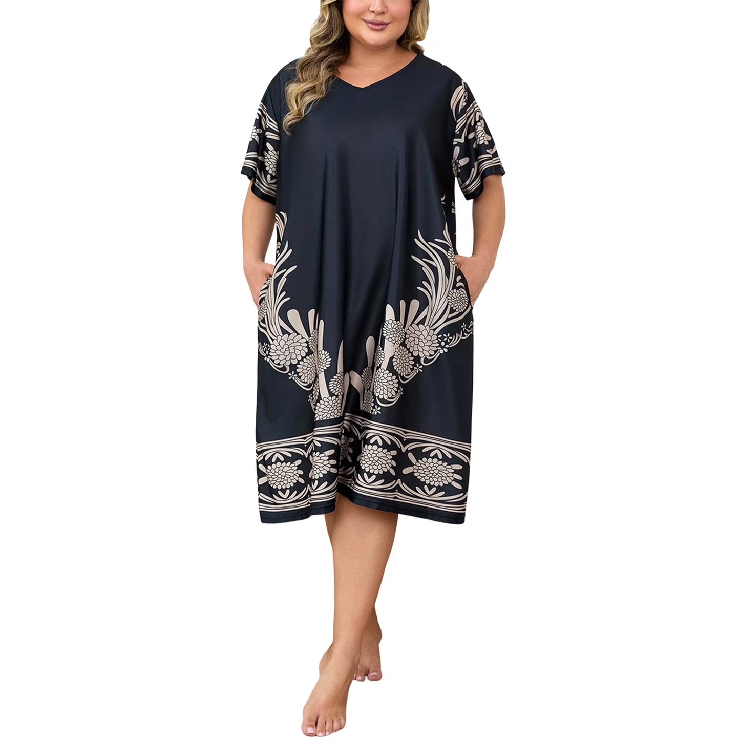 PinkBeautiM Nightgowns for Women Plus Size Print V Neck House Dress with Pockets