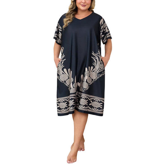 PinkBeautiM Nightgowns for Women Plus Size Print V Neck House Dress with Pockets