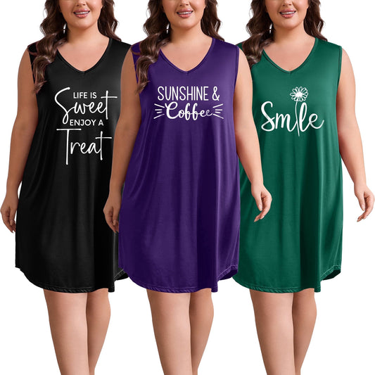 3 Pack Nightgowns for Women Plus Size Sleeveless Print Nightshirts Crew Neck Sleepshirt Soft Sleepwear 1X-5X
