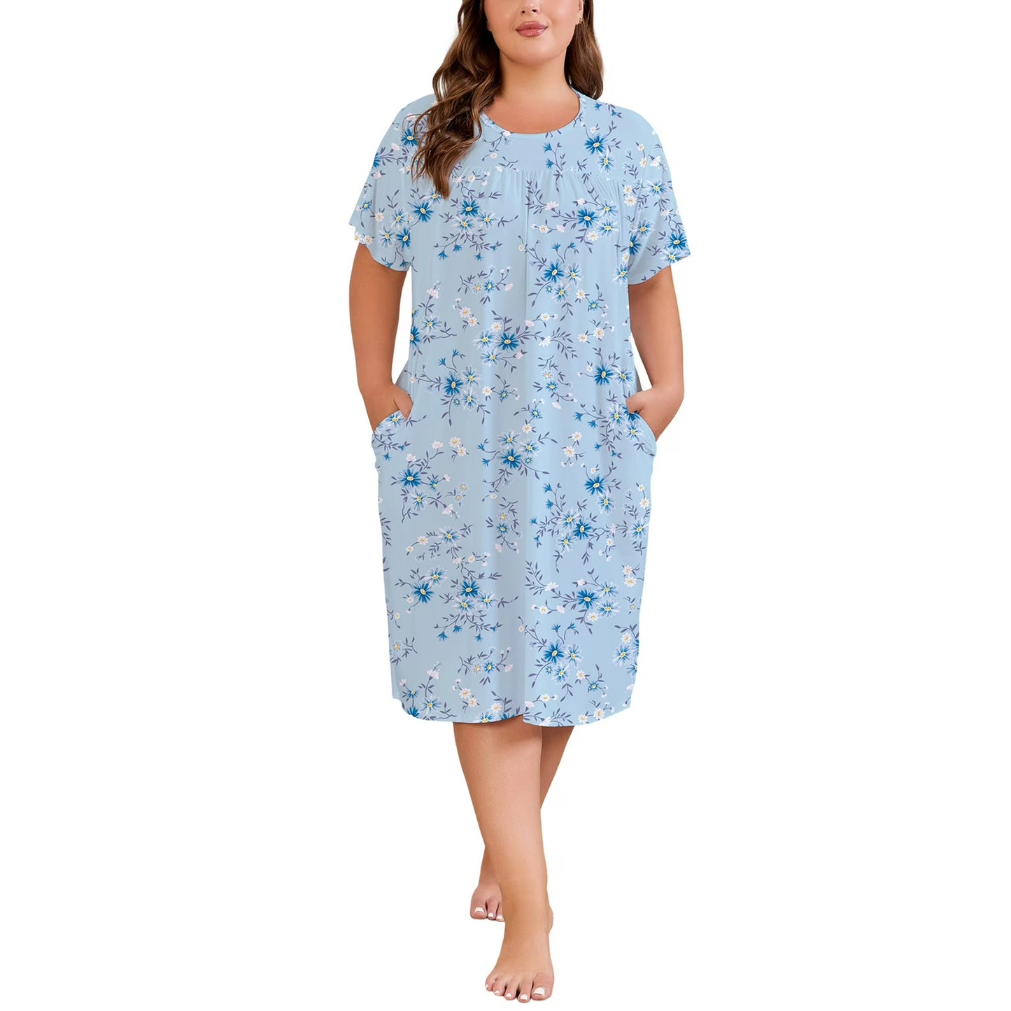 Nightgowns for Women Plus Size Floral Print Short Sleeve Pleated Sleepwear