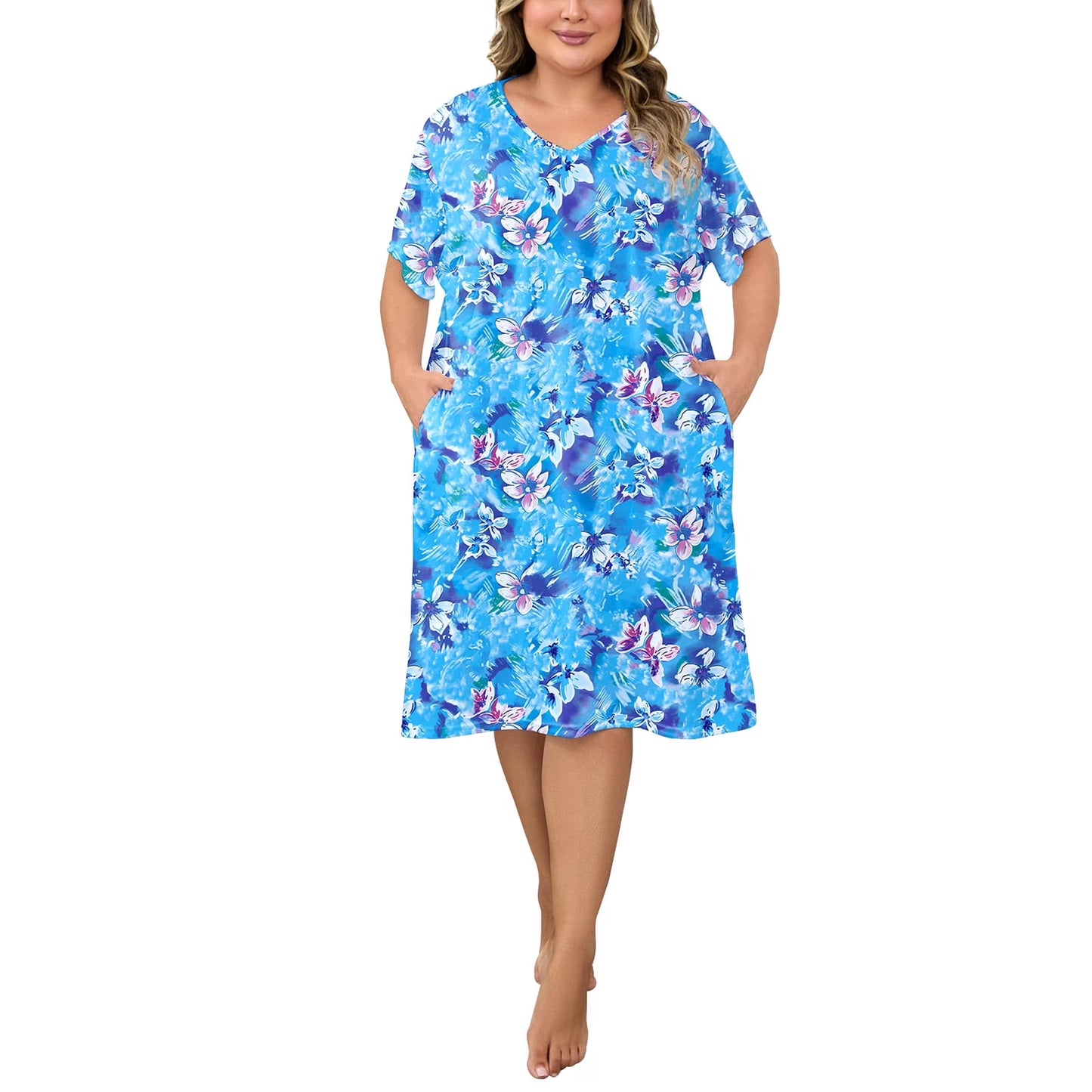 PinkBeautiM Nightgowns for Women Plus Size Print V Neck House Dress with Pockets