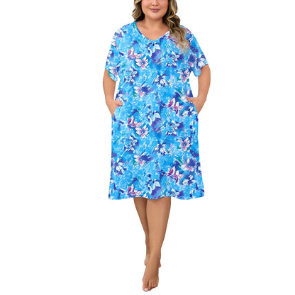 PinkBeautiM Nightgowns for Women Plus Size Print V Neck House Dress with Pockets