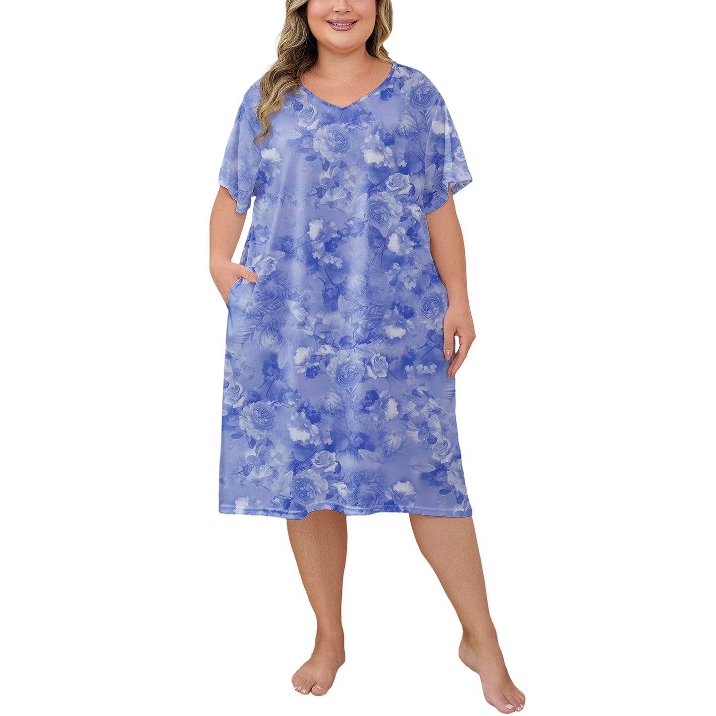 PinkBeautiM Nightgowns for Women Plus Size Print V Neck House Dress with Pockets