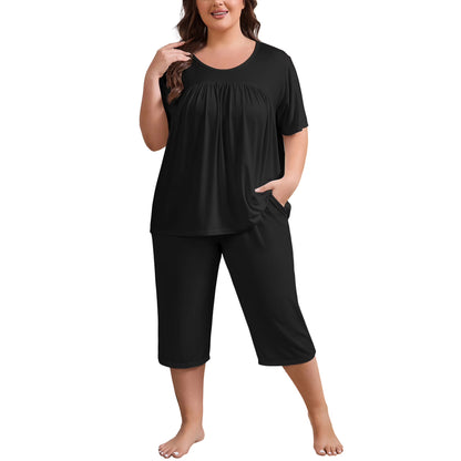 FEREMO Women Plus Size Pajamas Set Short Sleeve Pjs Capri Pants Pajama Sets Nightwear with Pockets