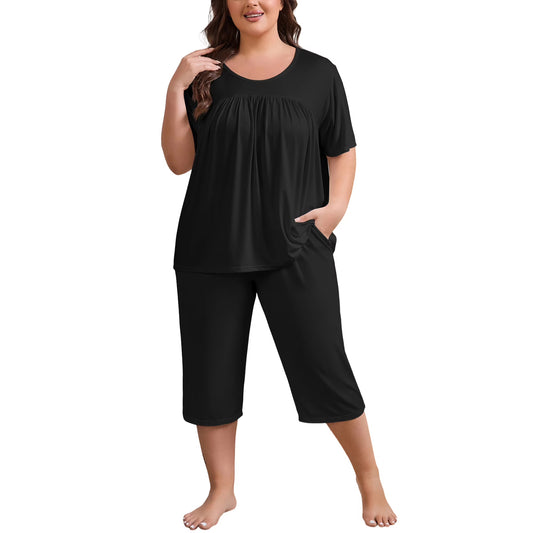 FEREMO Women Plus Size Pajamas Set Short Sleeve Pjs Capri Pants Pajama Sets Nightwear with Pockets