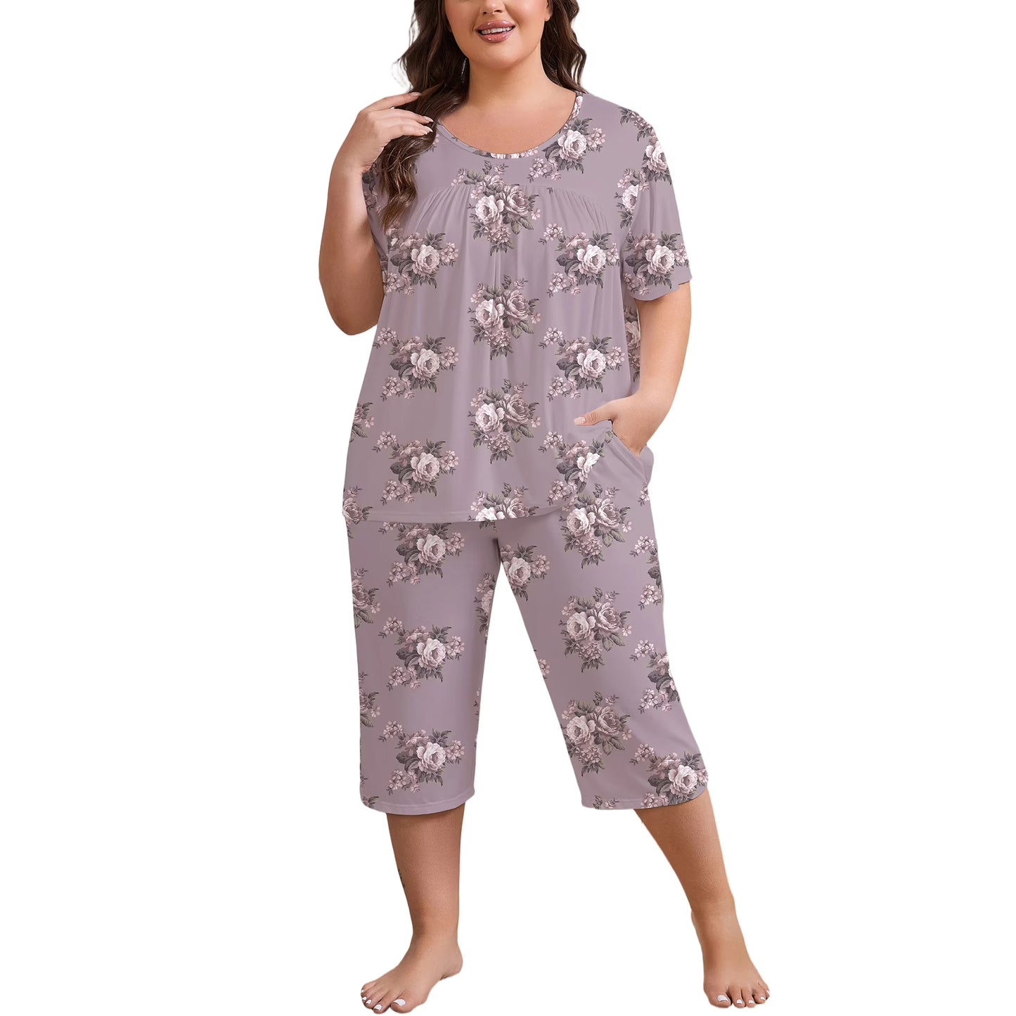 FEREMO Women Plus Size Pajamas Set Short Sleeve Pjs Capri Pants Pajama Sets Nightwear with Pockets