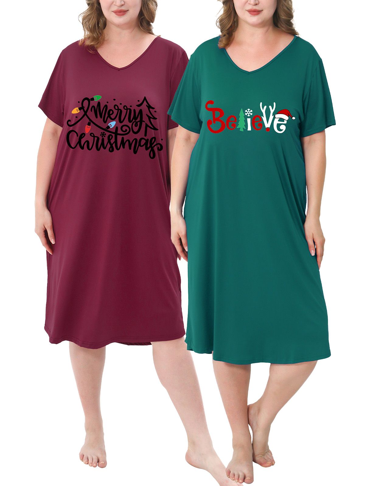 FEREMO Plus Size Nightgowns for Women Short Sleeve Printed Sleepwear Long Comfy Sleep Gown 2 Pack