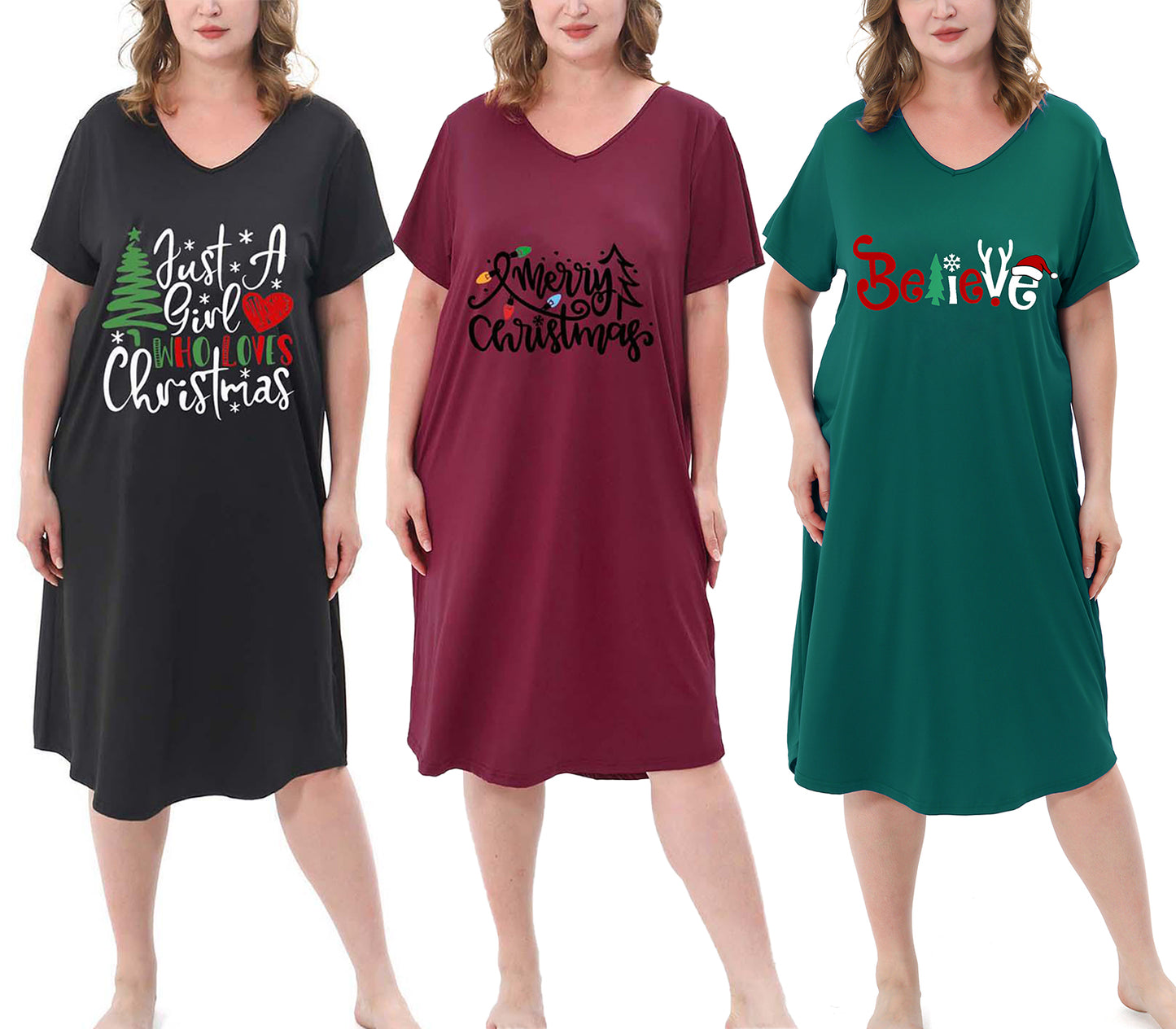 3 Pack Nightgowns for Women Plus Size V Neck Sleepwear Loose Comfy Night Gown
